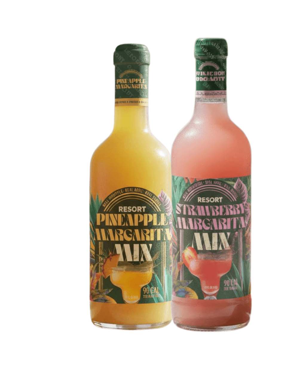 Two bottles of Resort Pineapple Margarita Mix and Strawberry Margarita Mix on a white background