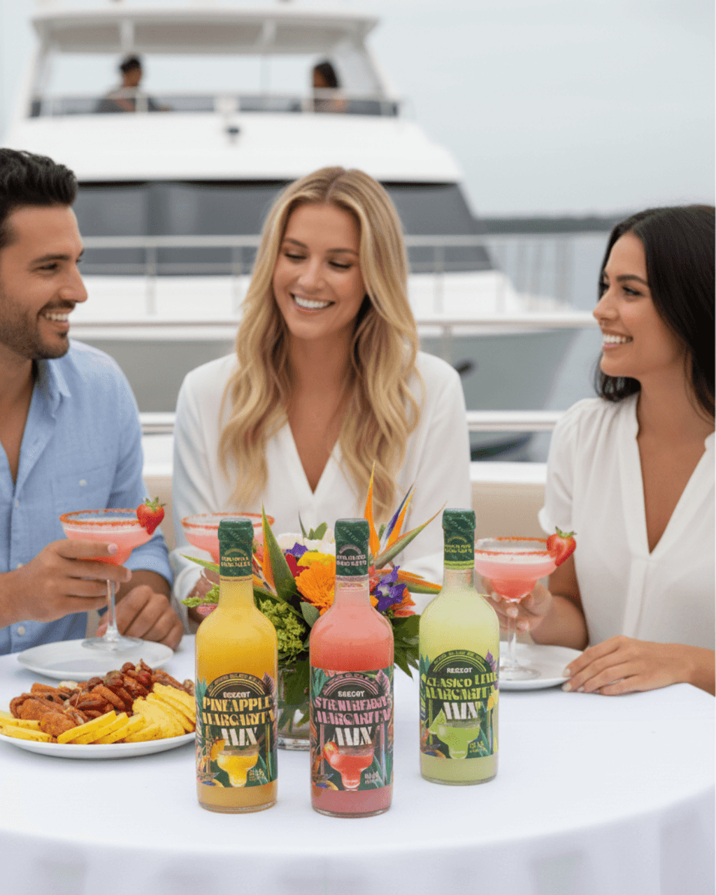 Three people enjoying drinks and food on a boat with bottles of Tropical Pineapple, Strawberry, and Mango Limesau.